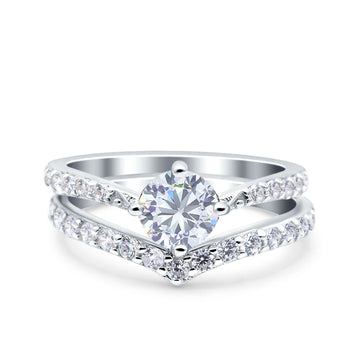 Two Piece Art Deco Wedding Bridal Ring Round Simulated Cubic Zirconia 925 Sterling Silver